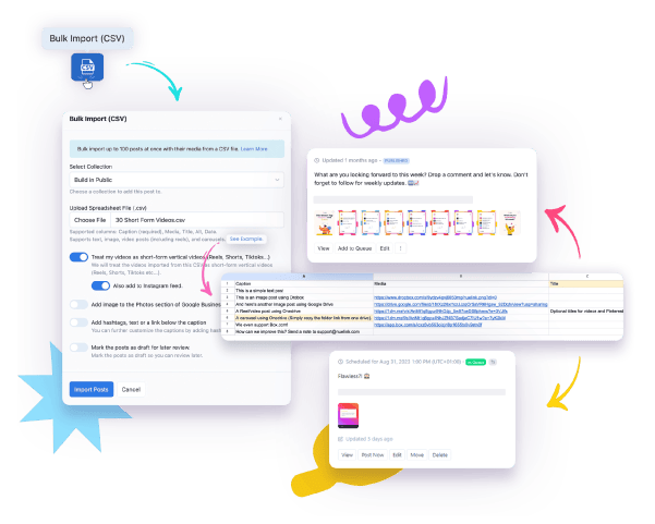 Schedule months of your clients' content with one click using a single CSV file.